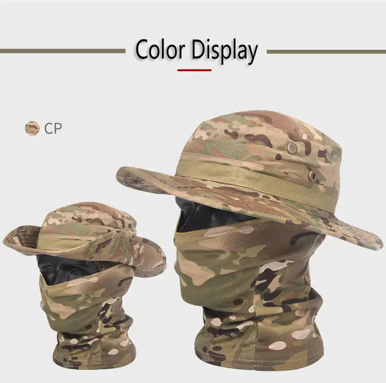 Two Simples Market camouflage boonie hats with neck gaiter masks; hiking sun protection, adjustable brim, camo pattern