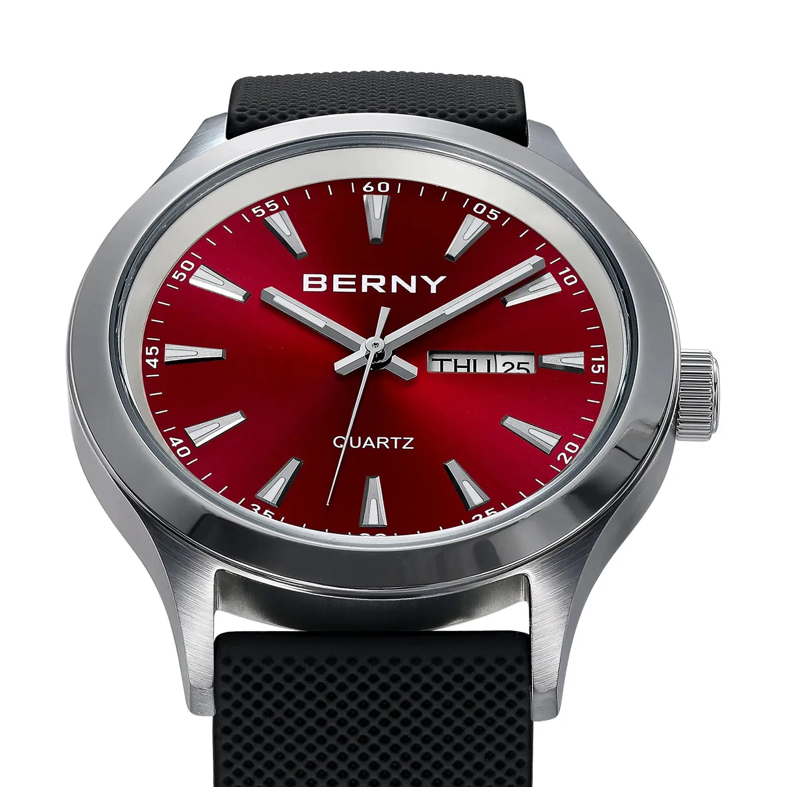 BERNY men's quartz watch with red dial, day-date window, stainless steel case, and black silicone strap