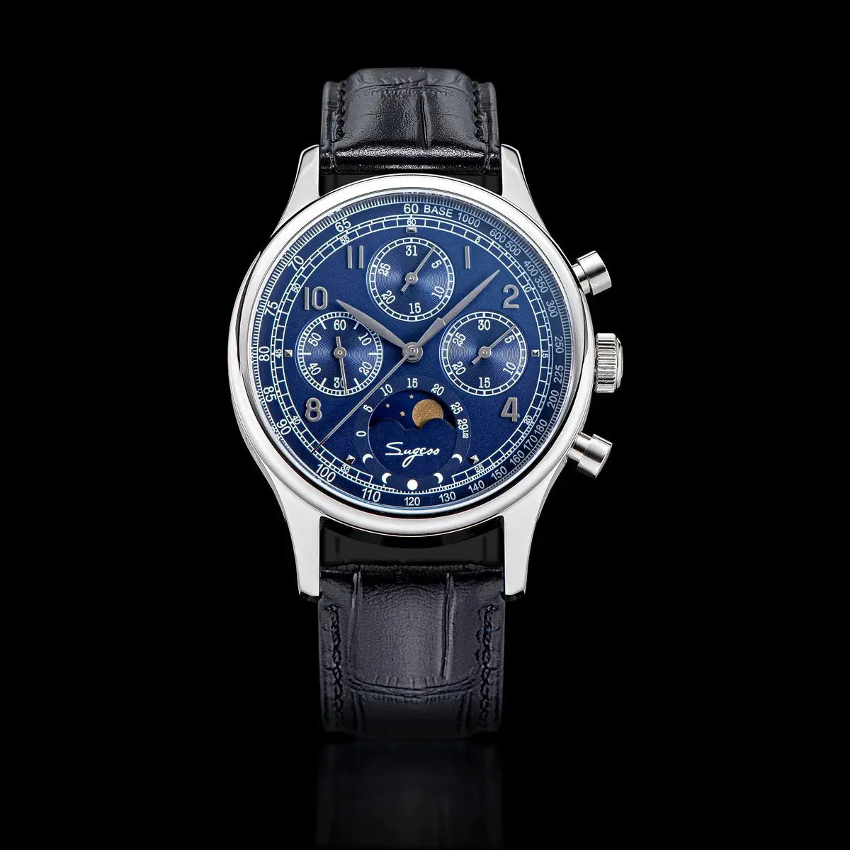 Sugess men's chronograph watch with blue dial and moonphase display.
