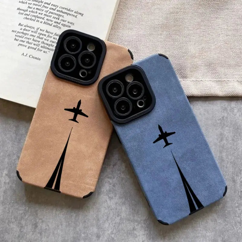 Luxury matte leather silicone iPhone case, two-tone tan and blue with airplane graphic and lens protection, 2-pack