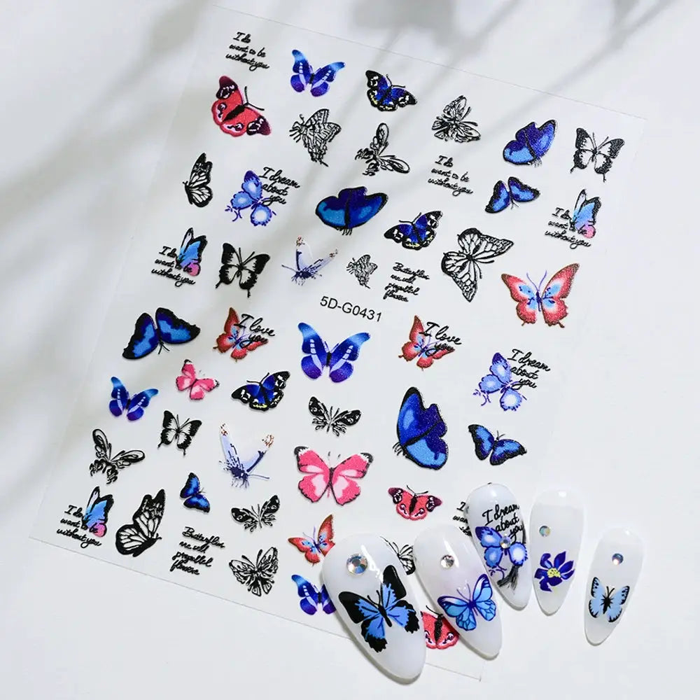 Simples Market 5D butterfly nail sticker sheet with blue, pink and black butterflies for manicure, rhinestone accents.