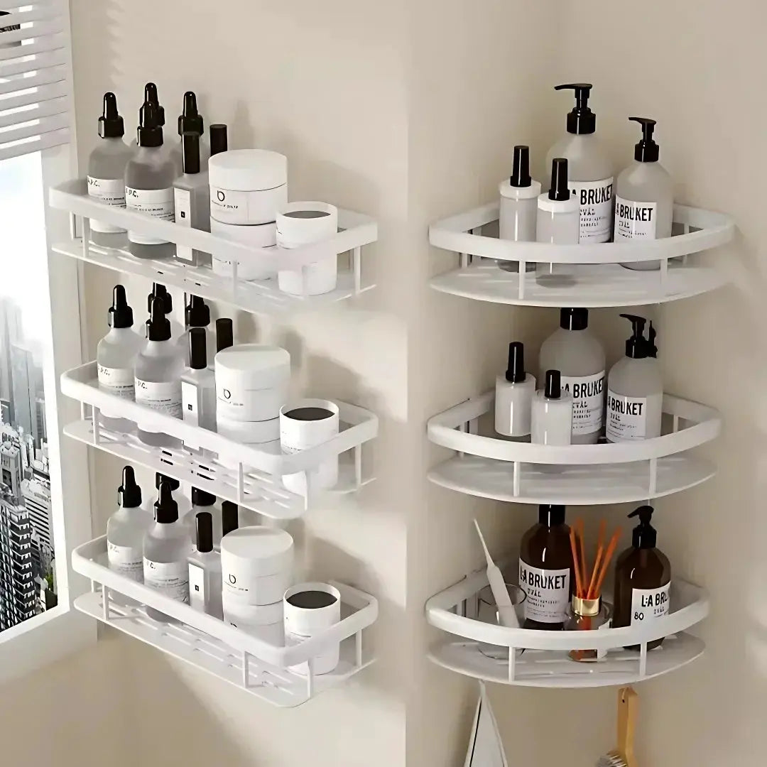 Simples Market bathroom shelf organizer: white aluminum alloy no-drill shower racks, 4-tier left unit and 3-tier corner shelf.