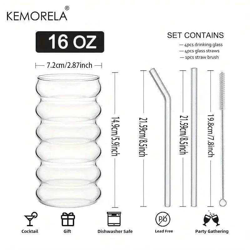 500ML Wave Shape Beverage Glasses With Straws Vintage Ripple Glass Cups For Wine Champagne Cocktails Milk Juice