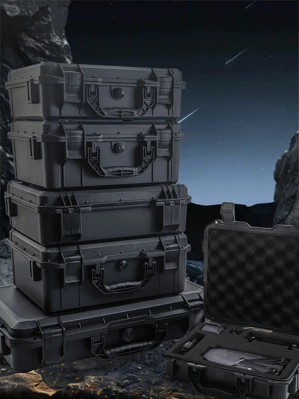 Five black hard-shell tool storage cases with foam padding by Simples Market; waterproof, shockproof