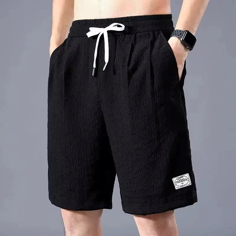 Lce Silk Shorts for Men, black with white drawstring, casual loose straight-leg style by Simples Market