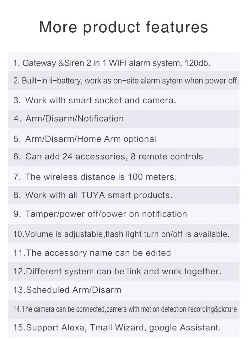 Tuya Smart WIFI Security Alarm System features list; 15 items, 100m wireless range, Google Home/Alexa compatible.