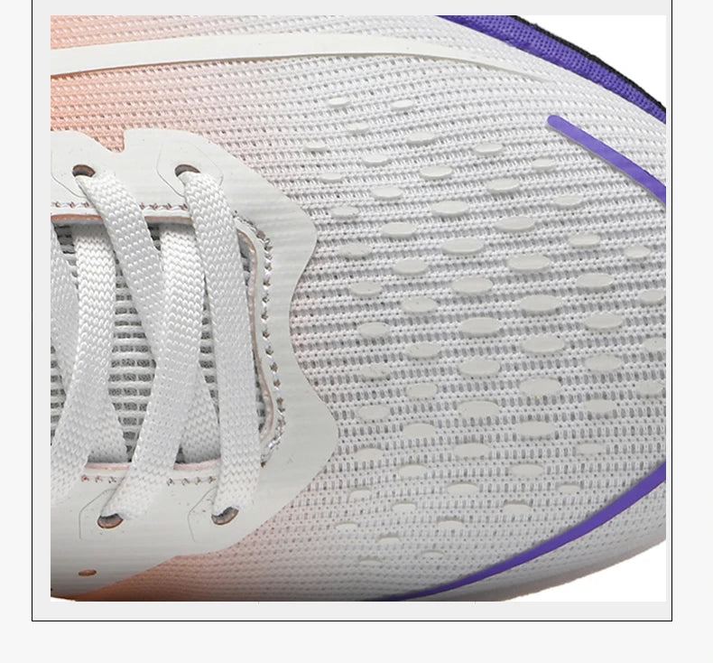 White mesh running shoe with laces and purple accents; breathable lightweight athletic sneaker.