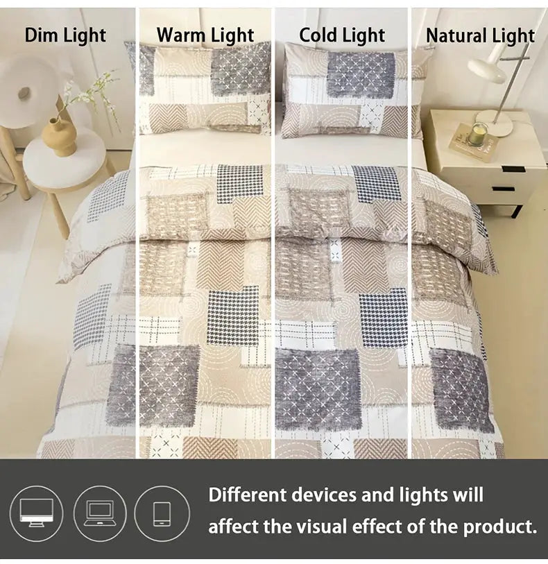 3-piece patchwork duvet cover set in beige, gray and white; includes 1 duvet cover and 2 pillowcases.