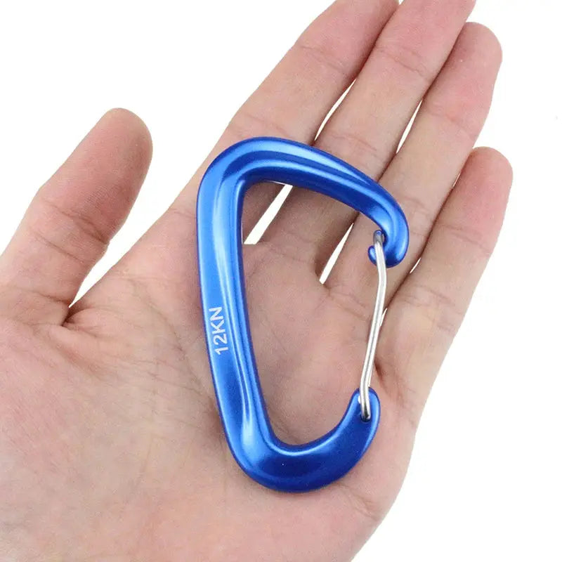 Climbing carabiner, blue 12KN D-shaped with silver wire gate, keychain size