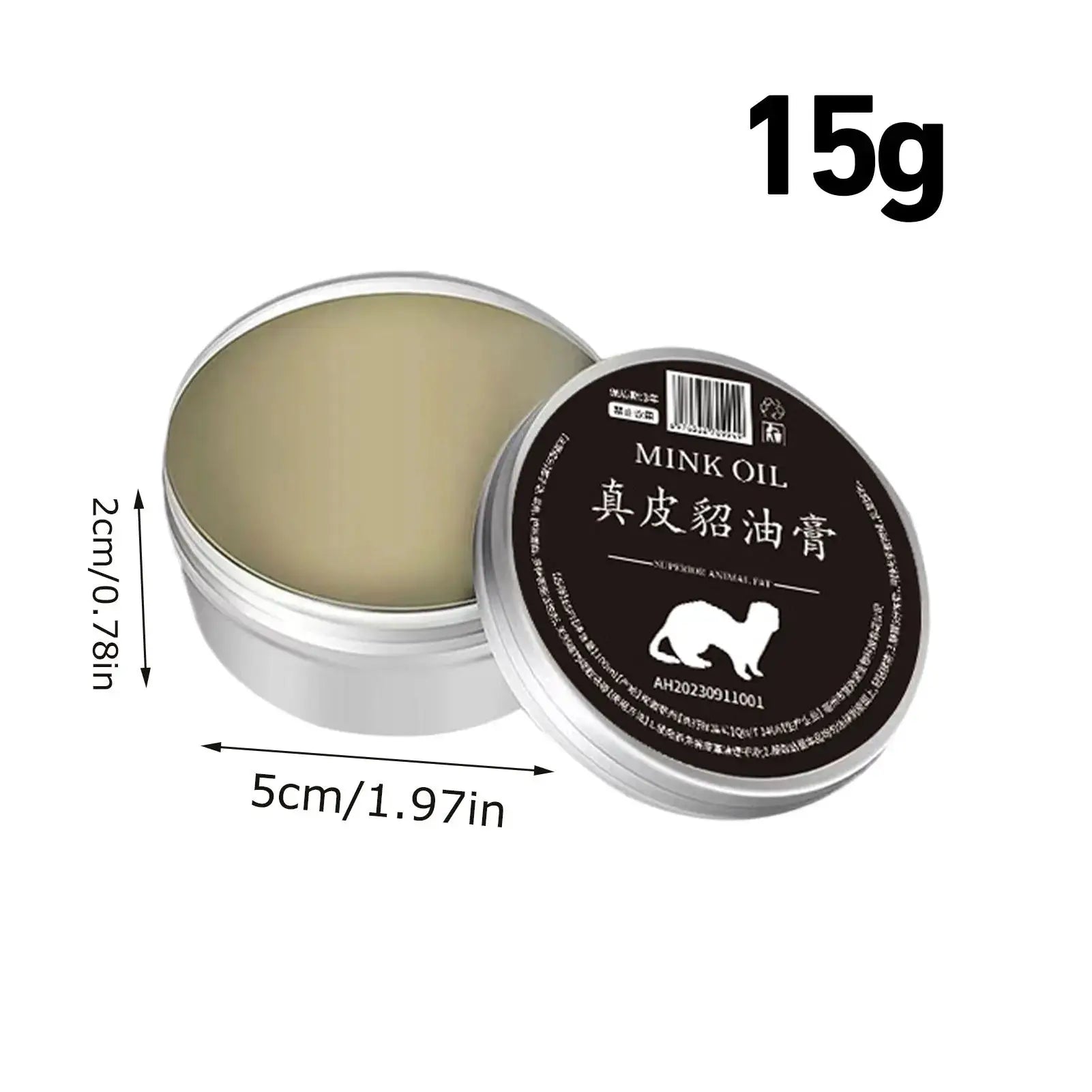 Mink oil leather care cream in open metal tin with beige cream and black label.