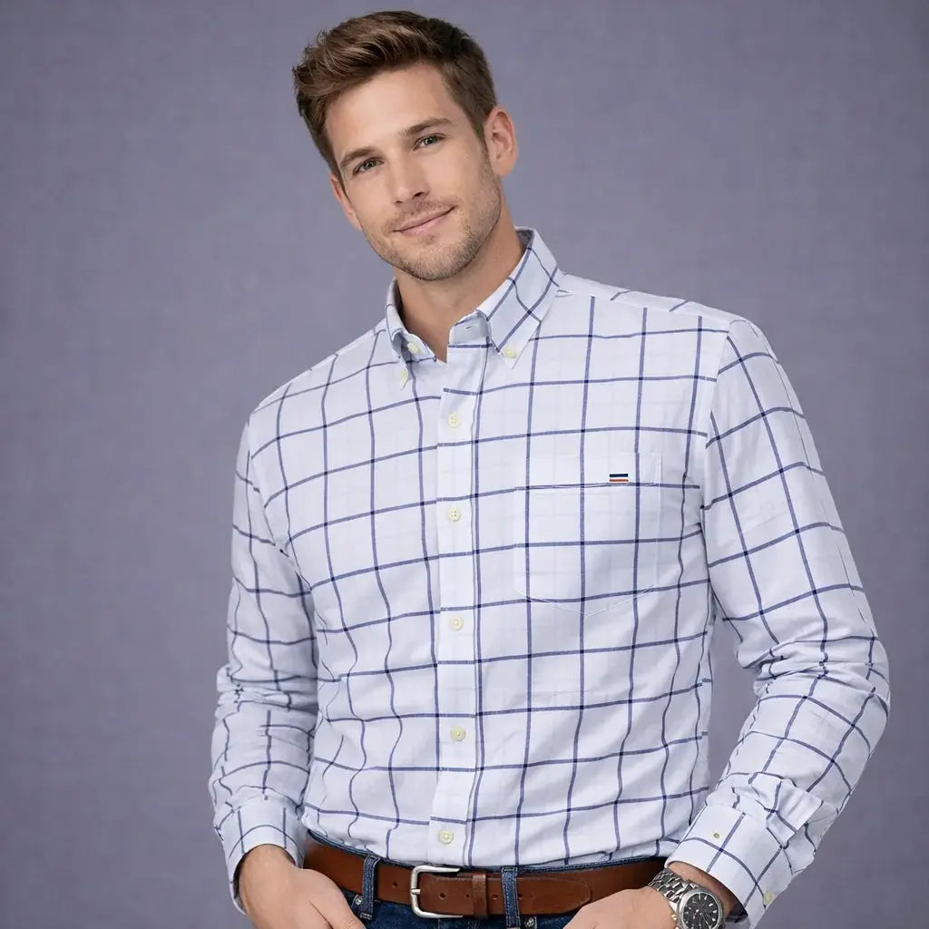 Men's 100% cotton Oxford shirt in white with blue windowpane plaid, Simples Market, long sleeve