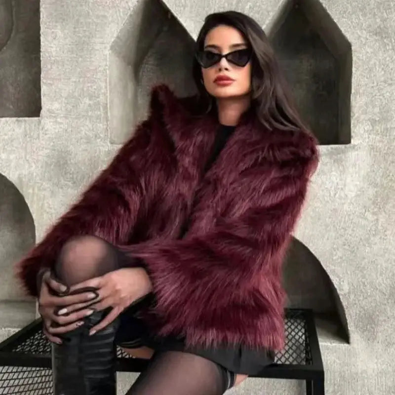 HXAO Womens Plush Burgundy Bomber Jacket Fur Coat For Warm Winter Comfort And Style