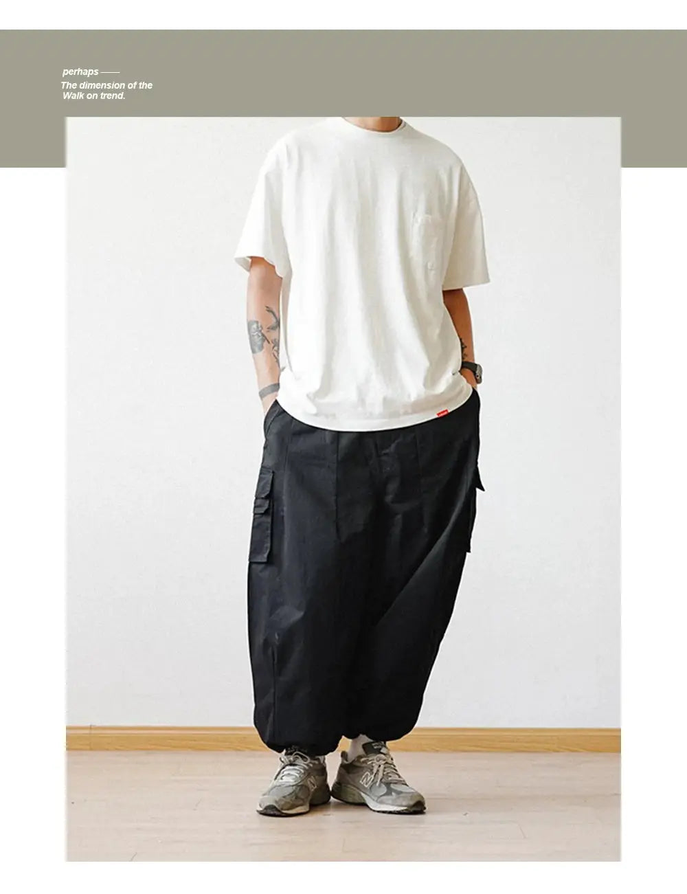 Cargo pants by Simples Market, men's oversized multi-pocket, black wide-leg ankle trousers.