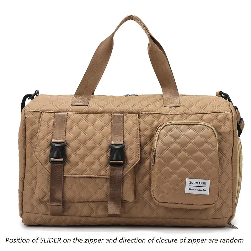 Durable nylon travel duffle bag in tan quilted fabric with buckle straps and side zip pocket; Zuomanni label visible.
