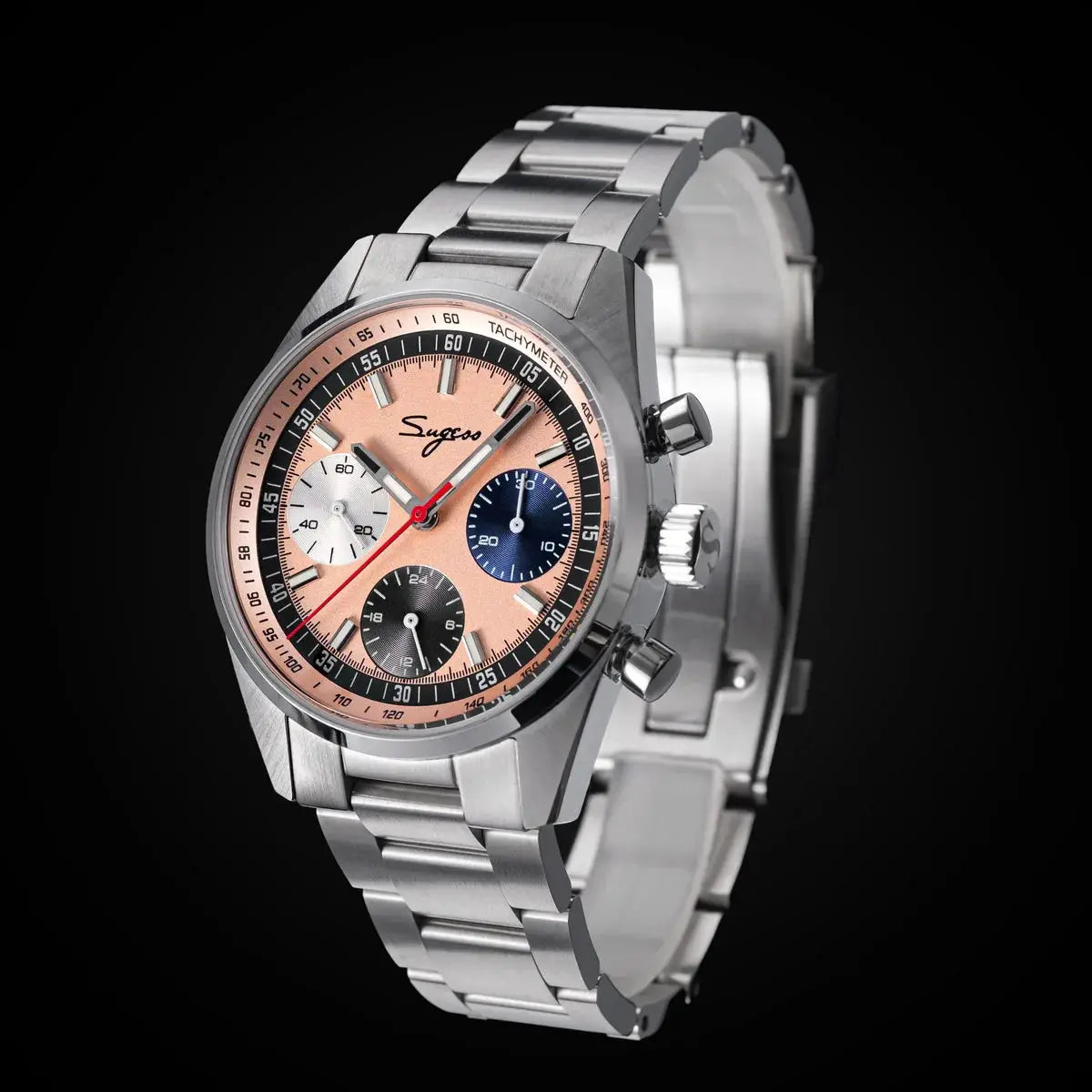 Sugess men's 38mm chronograph wristwatch with peach roulette dial, sapphire crystal, stainless steel bracelet