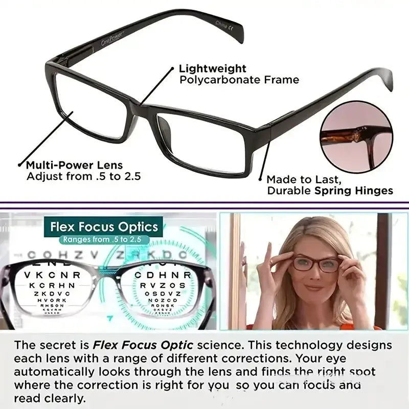 OptiFlex Auto Adjusting Multifocal Reading Glasses Unisex Square Bifocal Readers For Men And Women Comfort