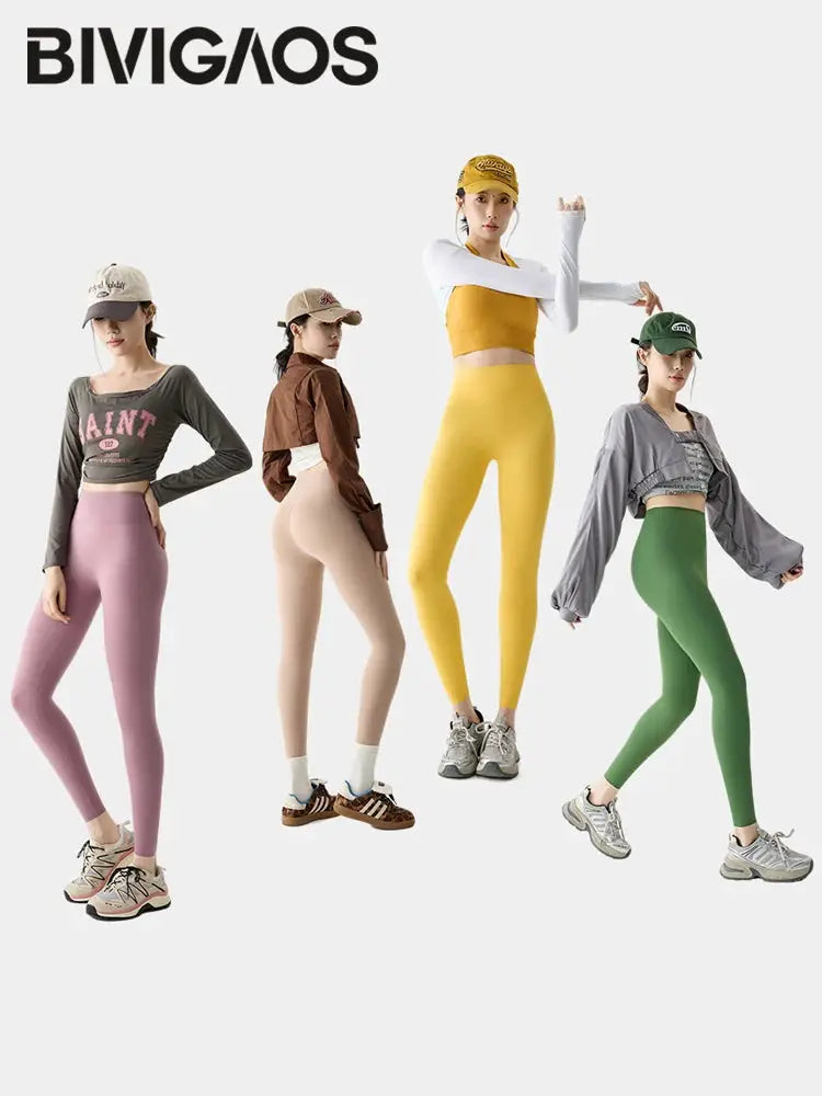 BIVIGAOS women's seamless sharkskin leggings; 4-color set (pink, beige, yellow, green) for sport and fitness