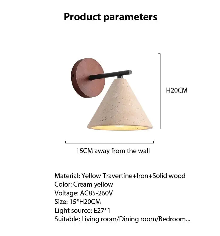 Wall lamp by Simples Market with cream yellow travertine cone shade and iron wall mount