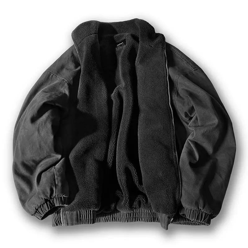 Japanese vintage polar fleece jacket for men, black sherpa-lined thick winter coat with zip