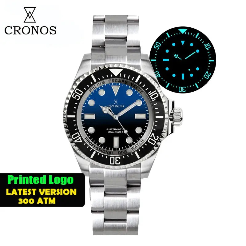 Cronos automatic diving watch, stainless steel bracelet, blue gradient dial with black bezel, 1000m water resistance