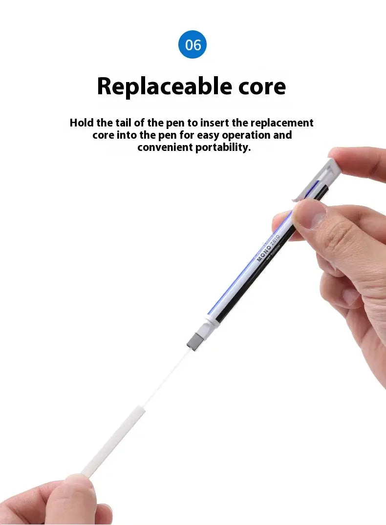 Tombow precision eraser pen for artists; white body with metal tip and replaceable eraser core