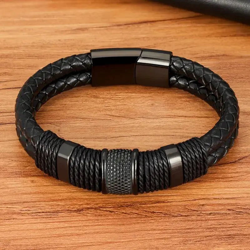 Vintage Woven Leather Rope Wrap Bracelets for Men with Stainless Steel Accents Punk Wristband Jewelry Gift