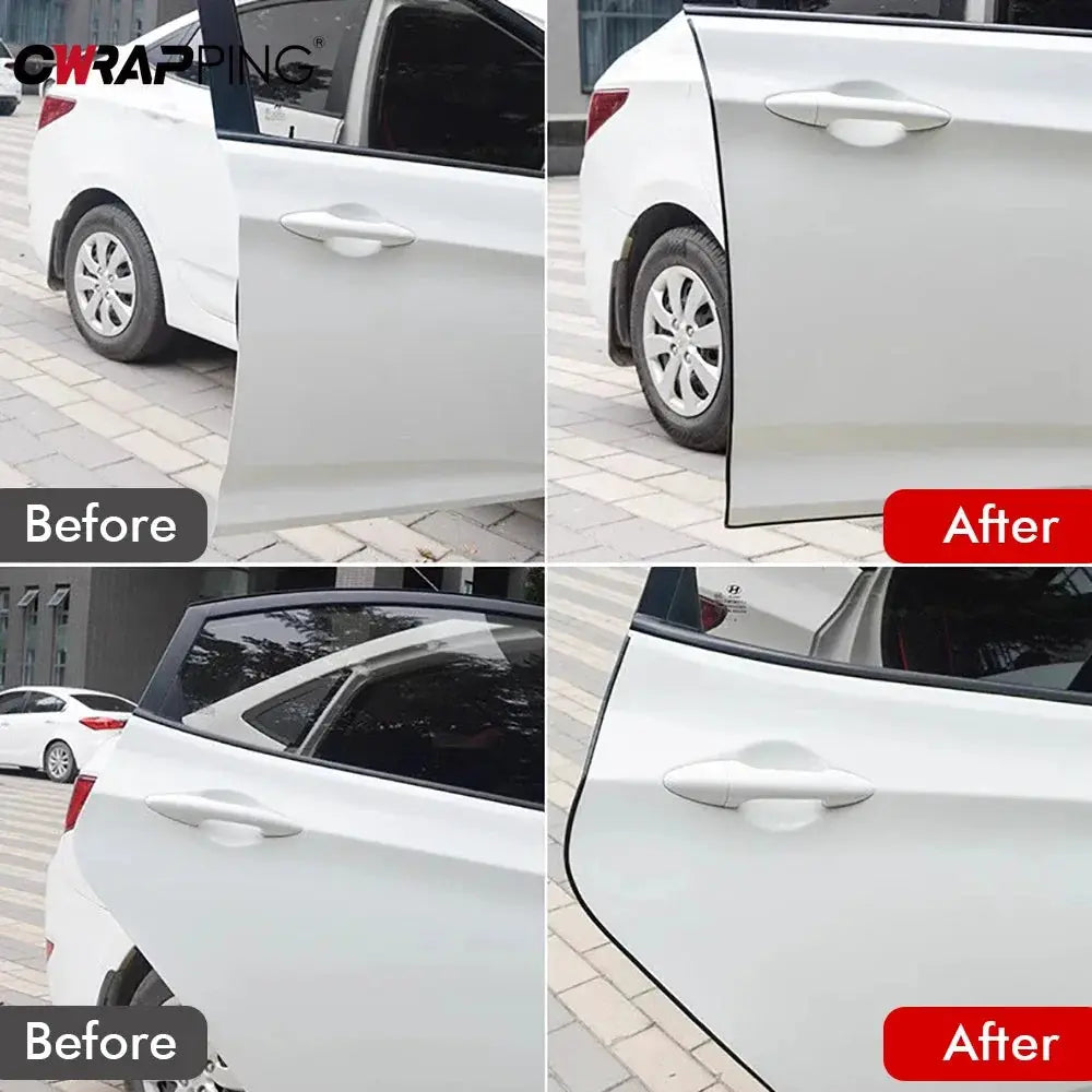 Car door edge sealing strip by Simples Market, 5M, transparent PVC, shown in a before/after collage on a white sedan.