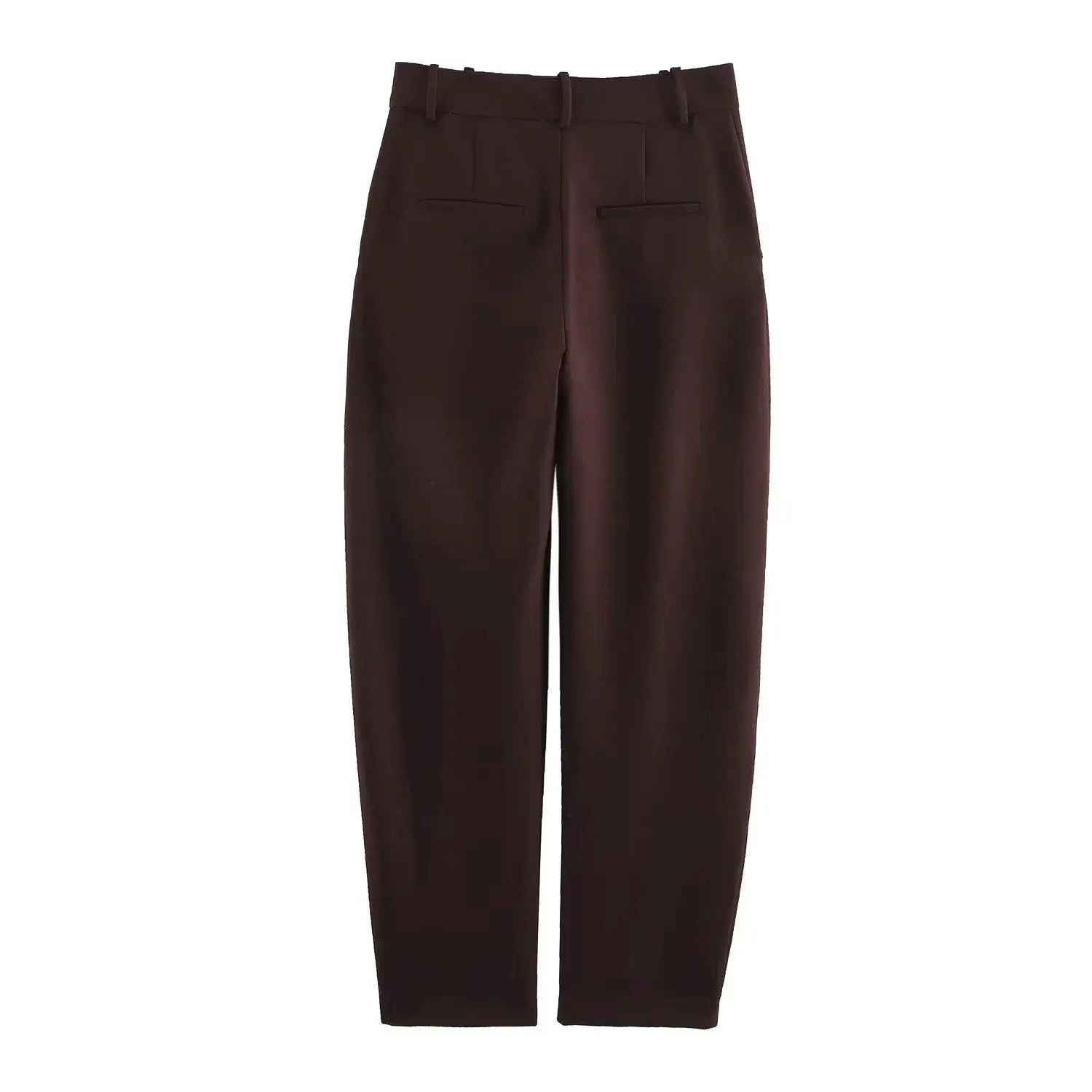 Brown dress pants with belt loops and back welt pockets.