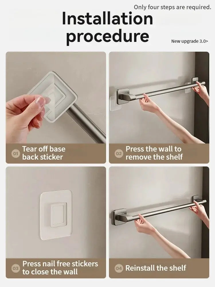 Bathroom towel bar with adhesive mounting; stainless steel finish, no-drill installation