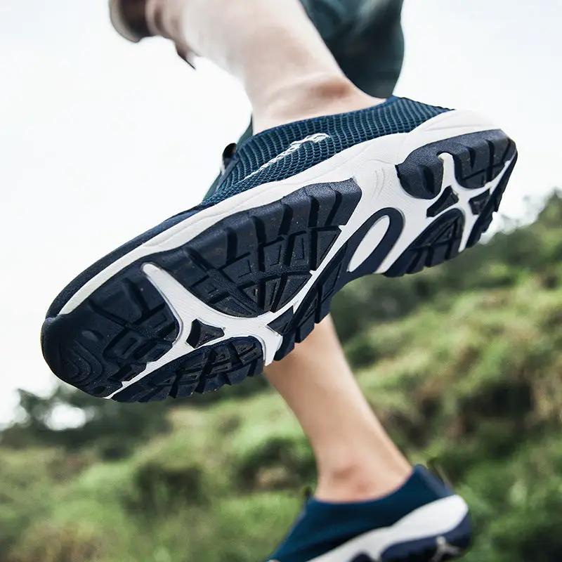 Men's mesh slip-on sneakers by Simples Market, navy breathable outdoor casual shoes with rugged outsole