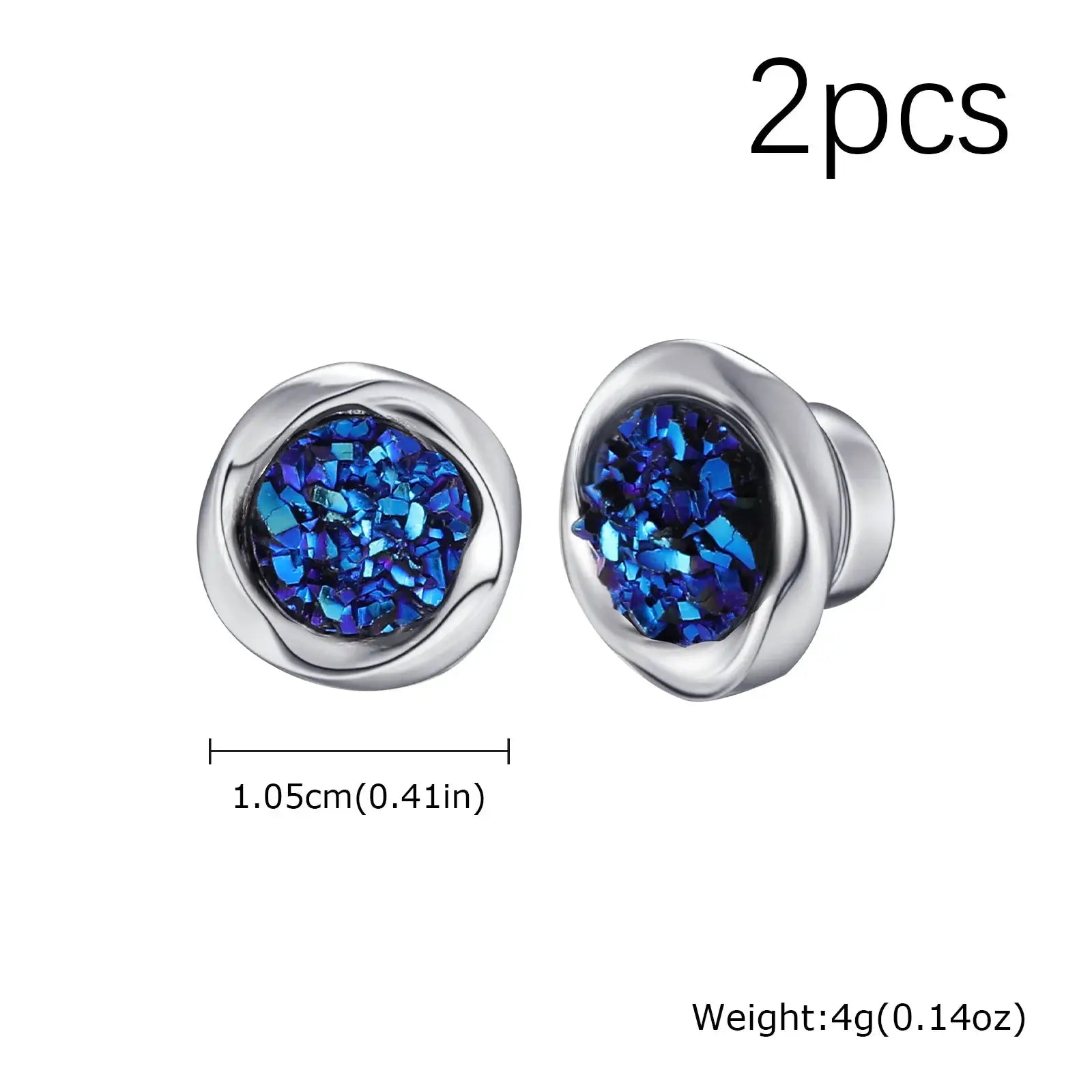 Punk round zircon magnetic ear studs; stainless steel, blue iridescent stones, 2 pieces