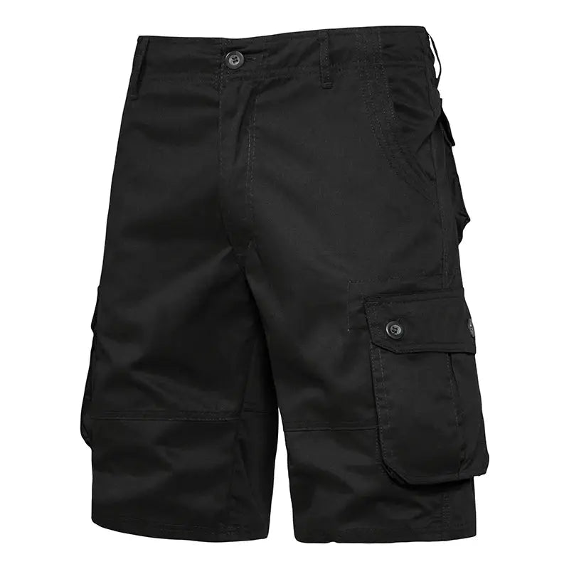 Men's cargo shorts, black cotton, loose fit with multiple pockets for outdoor, casual and beach wear.