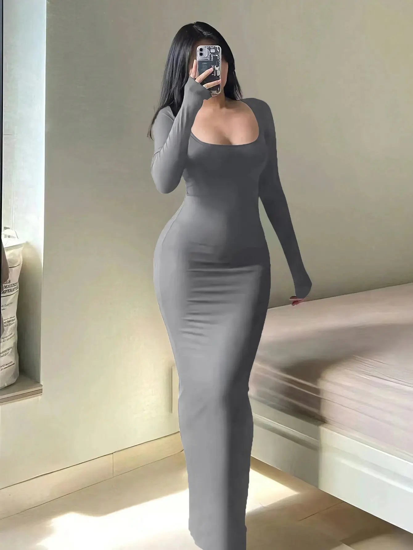 LuxeLine Womens Solid Long Sleeve Bodycon Dress With Square Neckline Ankle Length Silhouette And Stretch Fabric