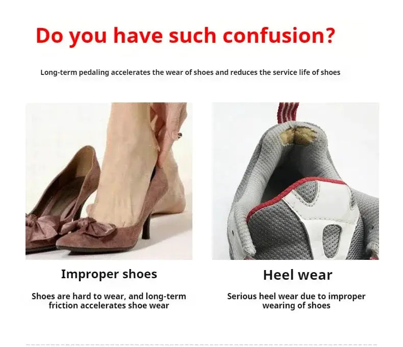 Plastic shoe horn, 16 cm, short handle; two-panel infographic on improper shoes and heel wear.