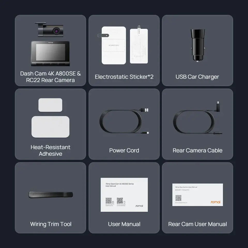 70mai A800SE 4K Dash Cam kit; 9 pieces: front cam, RC22 rear cam, USB charger, power cord, rear cable, adhesive, manuals.