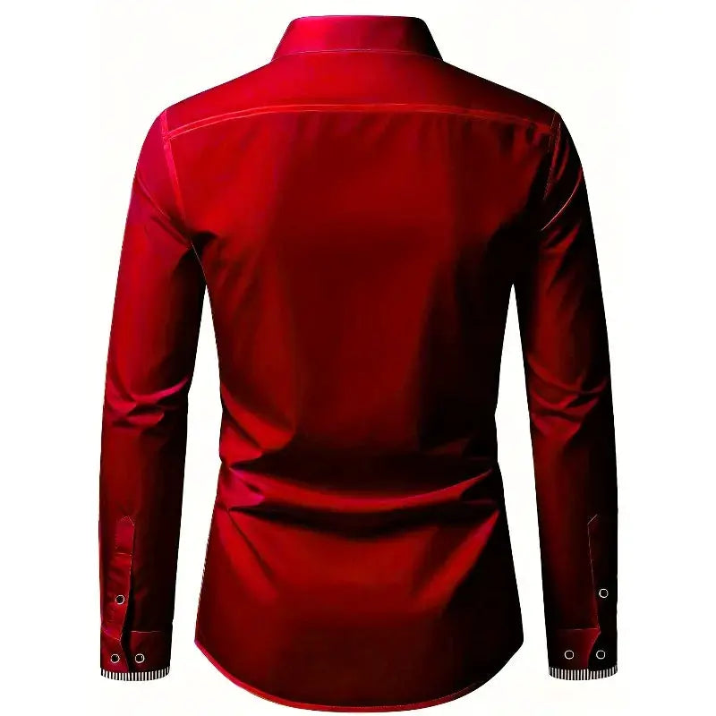 Men's red long-sleeve dress shirt with striped cuffs, back view