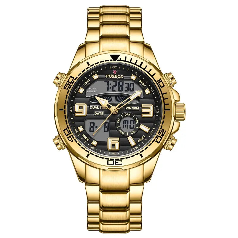 Foxbox gold-tone men's sports watch with stainless steel band and dual digital-analog dial