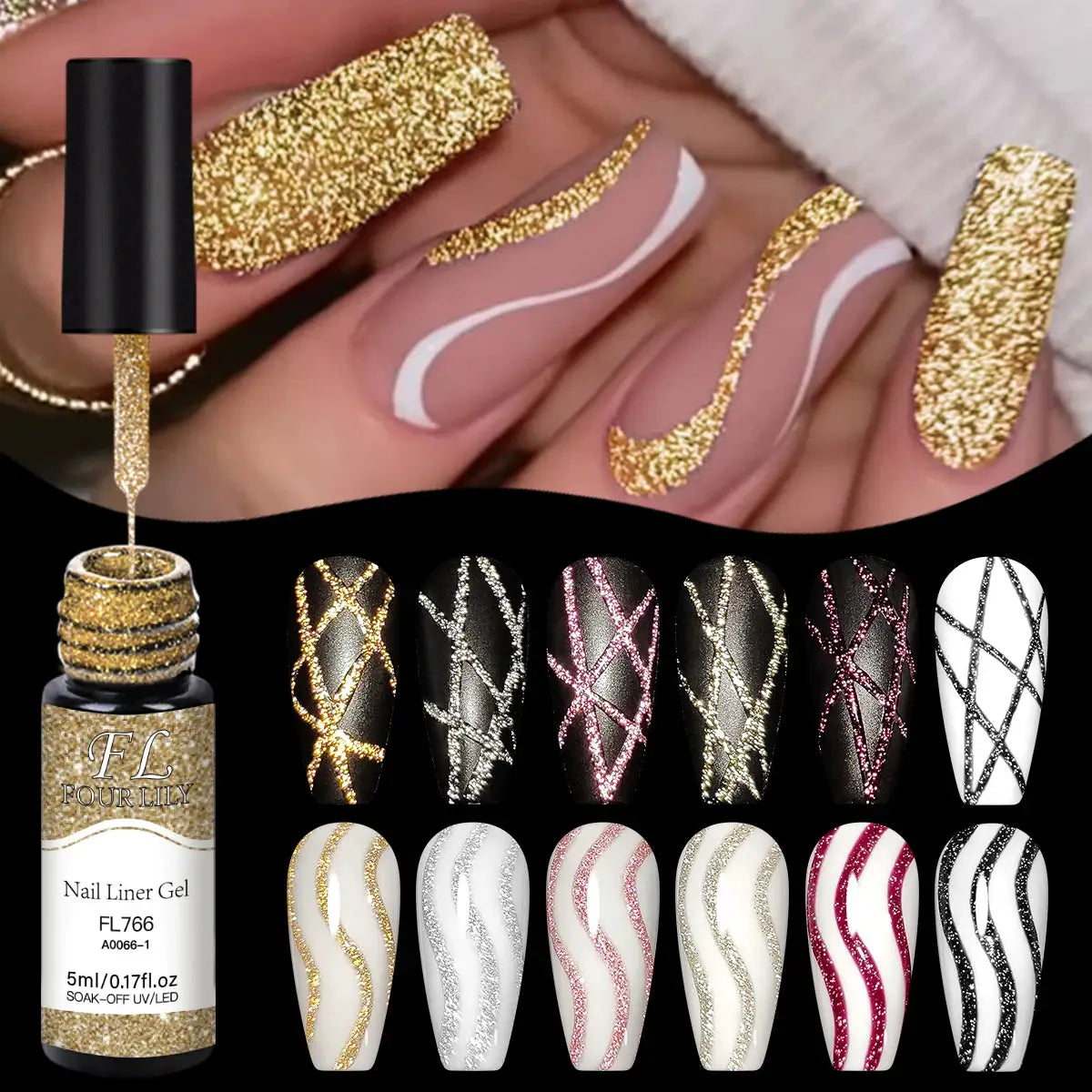 Four Lily Reflective Glitter Liner Nail Gel Polish 5ml Gold Silver Red Shine For UV LED Lamps