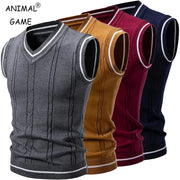 Five men's knit V-neck sleeveless vests in gray, tan, mustard, burgundy, and navy with white striped rib trims