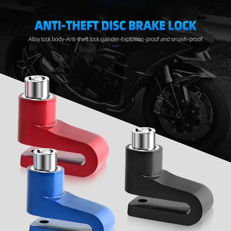 Motorcycle disc brake locks in red, blue and black; 3-pack by Simples Market.
