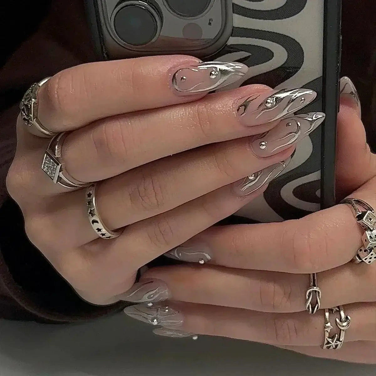 Glamora French Almond False Nails 24 Piece Press On Stiletto Tips With White Edge Design Glue Included For Wearable Glam