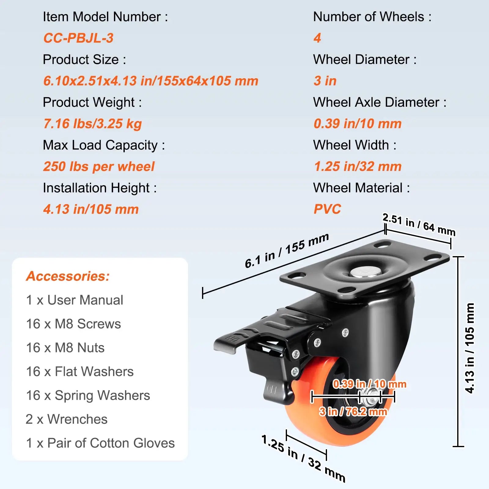 SucceBuy 2 to 6 Inch PVC Caster Wheels Set of 4 Swivel Plate Casters with AB Lock Non-Marking for Carts and Workbenches