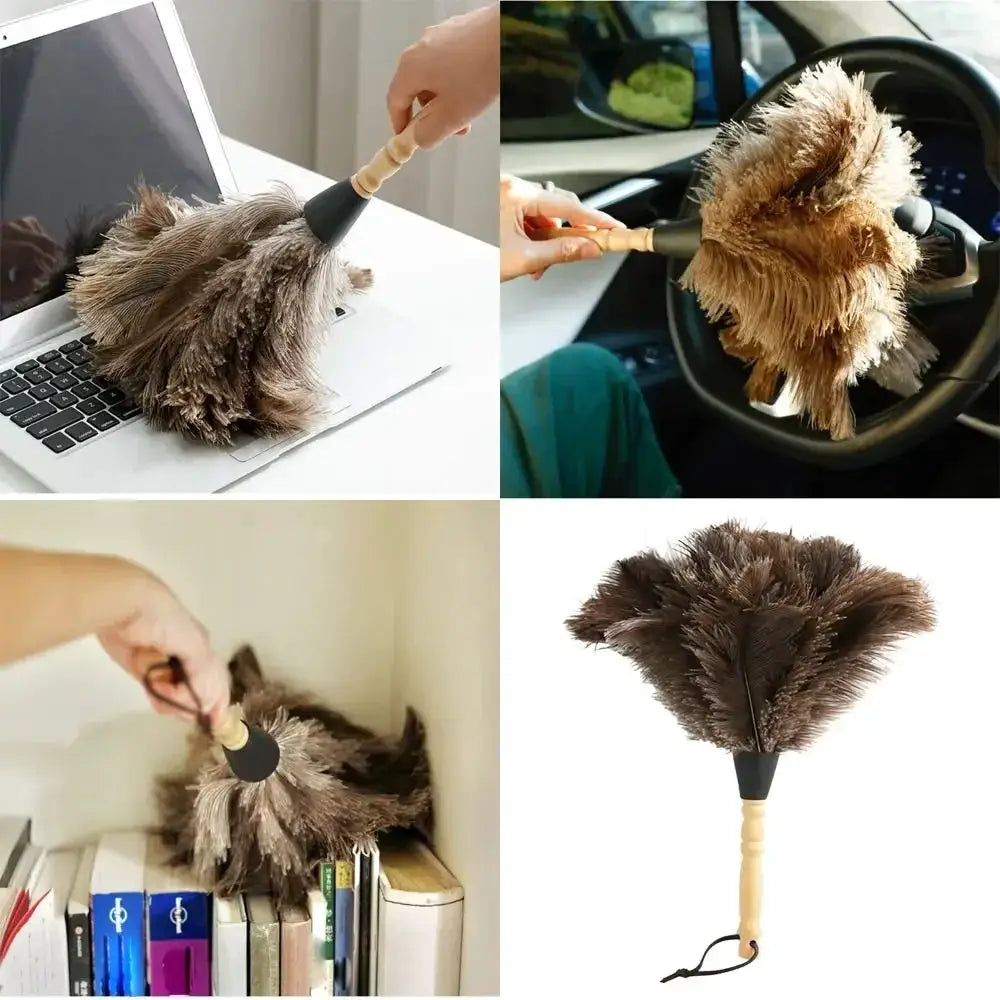 Simples Market feather duster with wooden handle and brown ostrich feathers for home cleaning