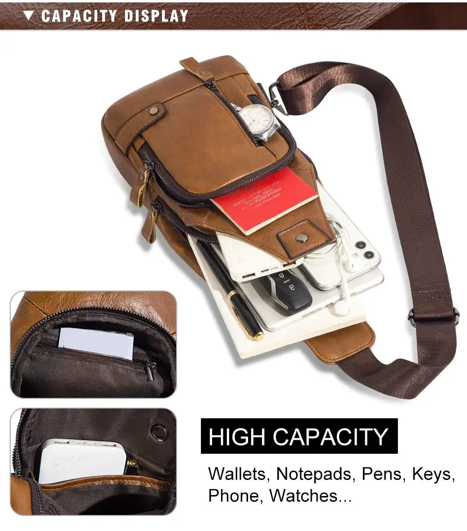HUMERPAUL men's brown genuine leather USB chest bag with multiple zip pockets and crossbody strap