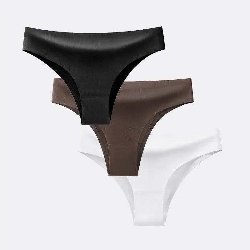 BANNIROU 3Pcs seamless T-back thong panties set in black, brown, white in ice silk fabric by Simples Market