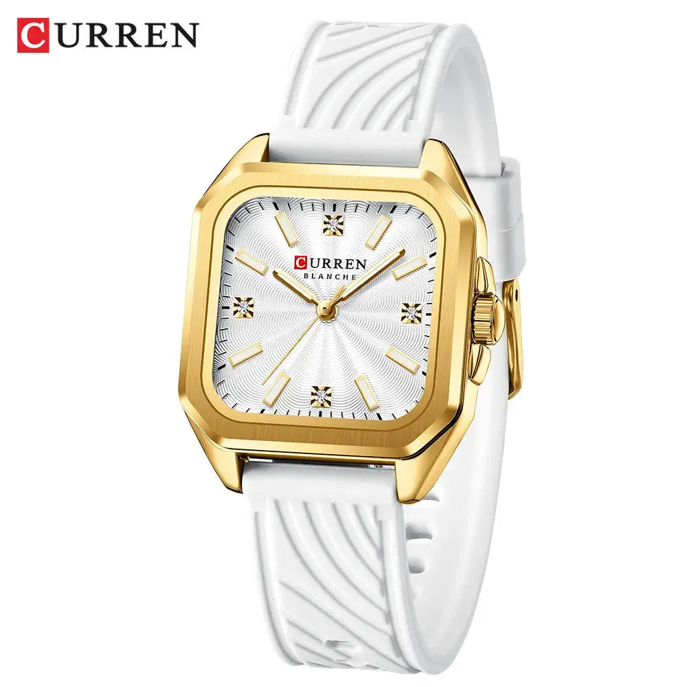 CURREN ladies' quartz watch with gold-tone square case and white silicone strap