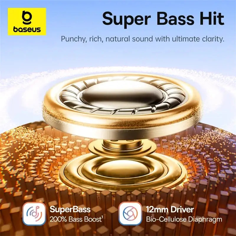 Baseus BC1 ear clip open-ear wireless earbuds; gold promotional artwork with Baseus logo and Super Bass Hit graphics