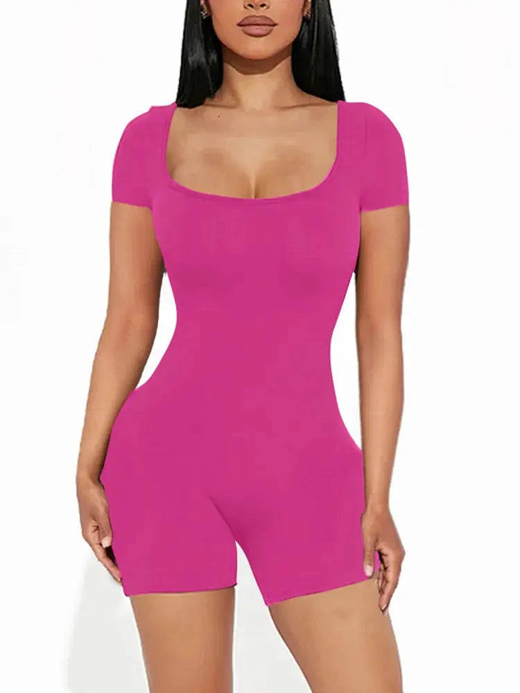 Women's pink U-neck short-sleeve jumpsuit, solid color polyester one-piece