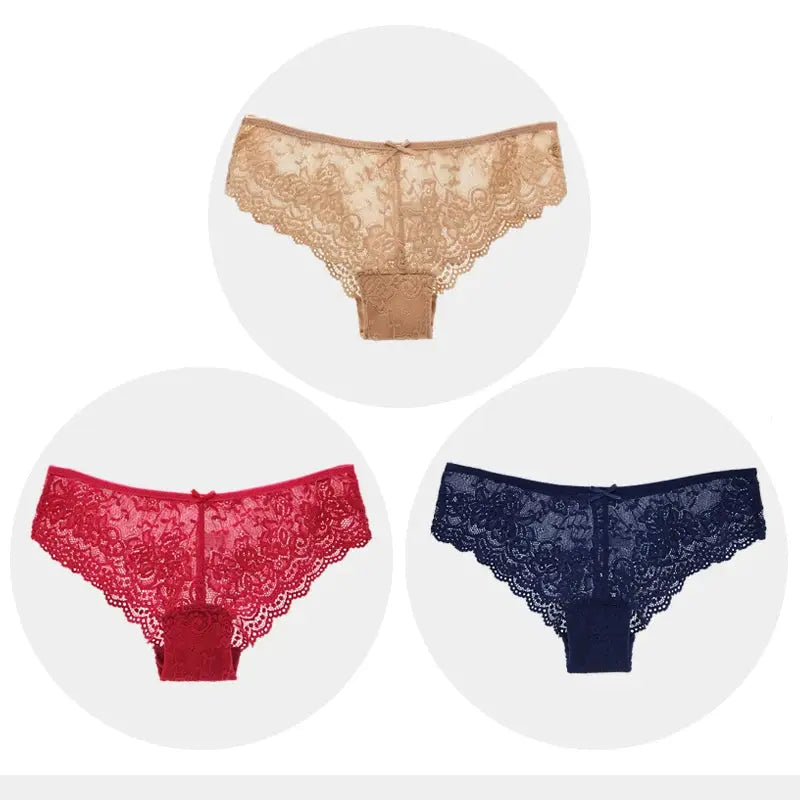 Simples Market women lace panties set, 3pcs in beige, red, navy; full lace, low-waist