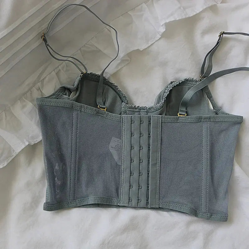 Gray three-dimensional embroidered bra with lace trim, fishbone corset, mesh panels and back hook closures